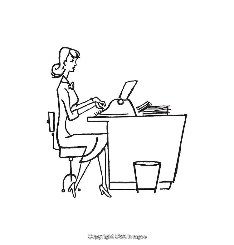 Vintage Style Line Art of Woman Typing at Desk