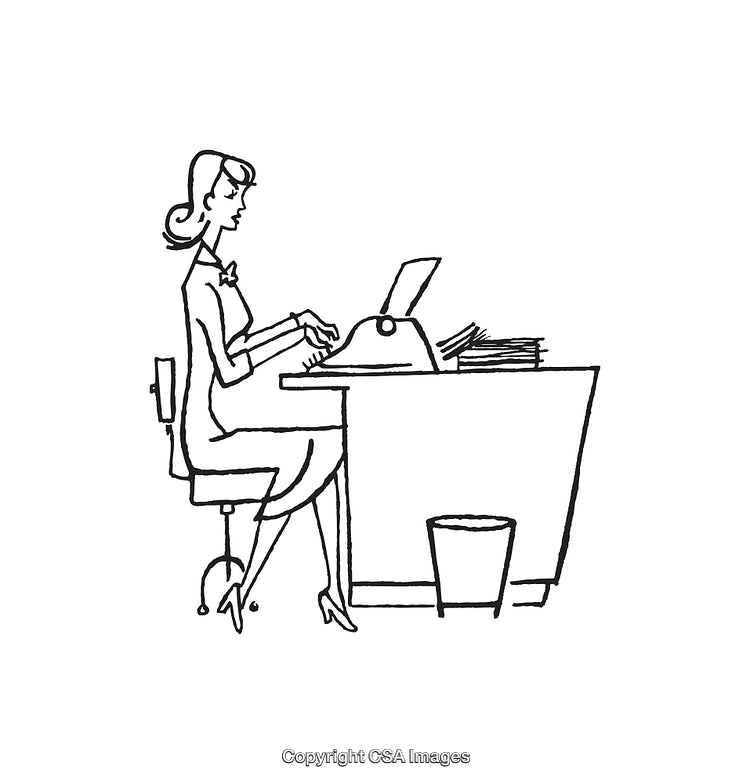 Vintage Style Line Art of Woman Typing at Desk