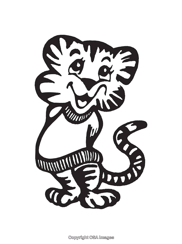 Charming Black and White Cartoon Tiger Illustration in a Fun Pose