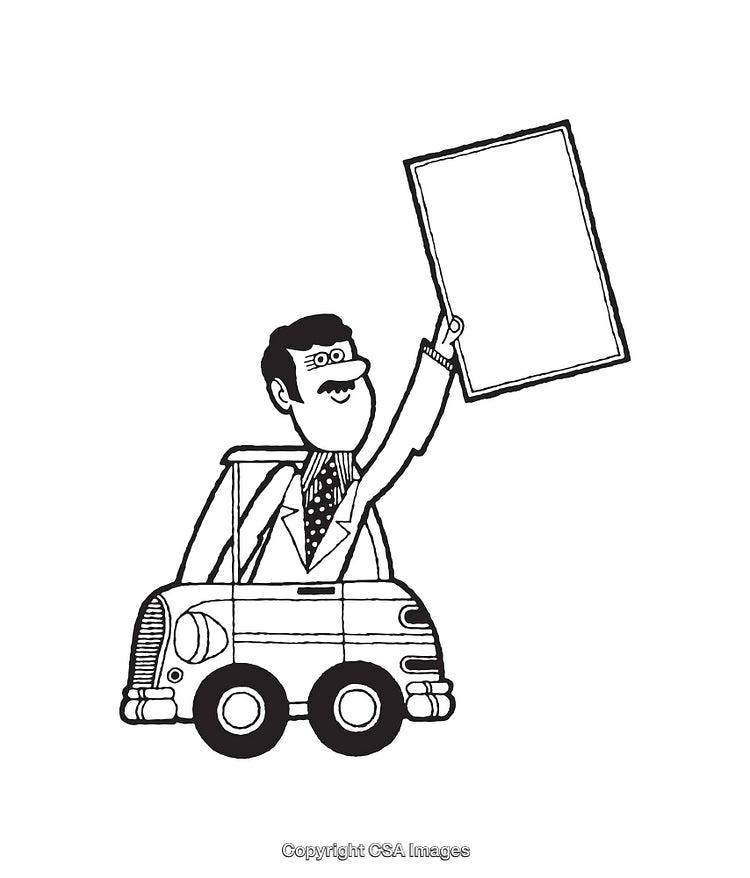 Whimsical Black-and-White Line Art of a Businessman Driving a Car