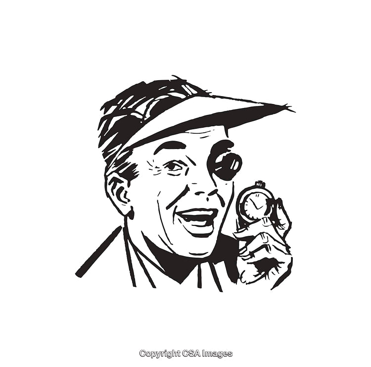 Vintage Black and White Illustration of a Smiling Watchmaker