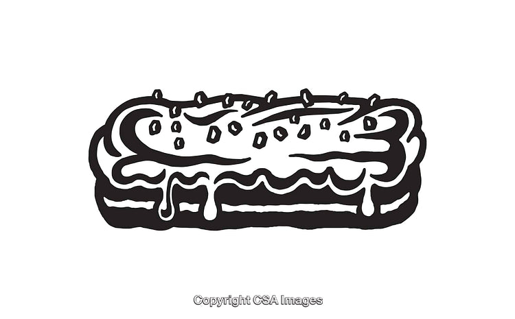 Black and White Illustration of a Frosted Pastry with Decorations