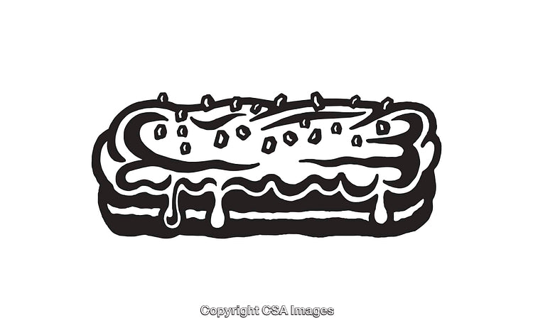 Black and White Illustration of a Frosted Pastry with Decorations