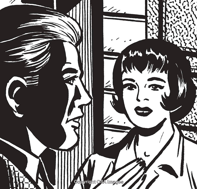 Retro Black and White Illustration of Man and Woman in Conversation
