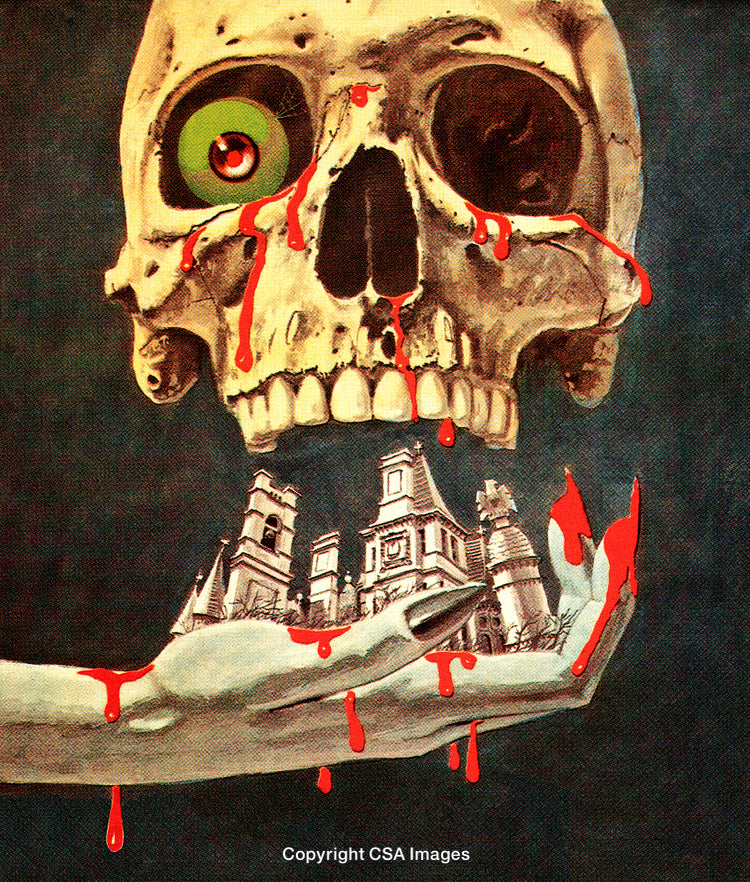 Surreal Artwork of Skull, Dripping Blood, and Gothic Landscape