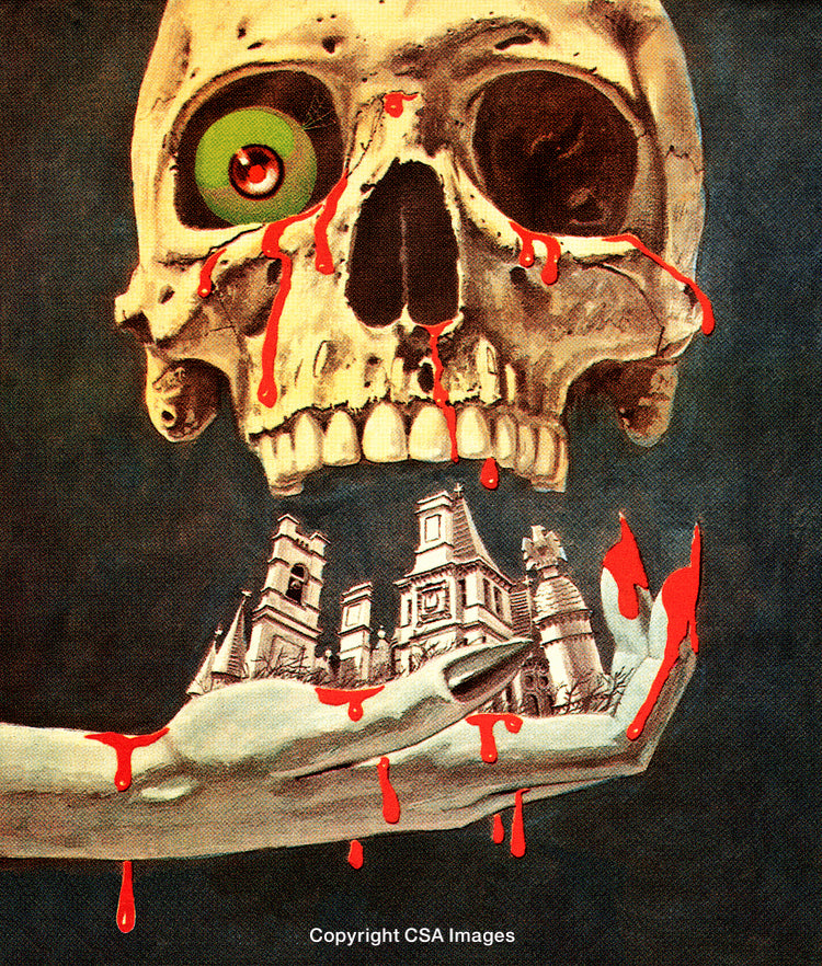 Surreal Artwork of Skull, Dripping Blood, and Gothic Landscape