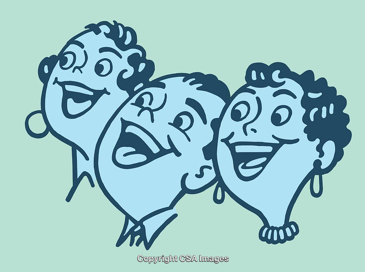 Blue Tone Line Art of Happy Faces Group Illustration