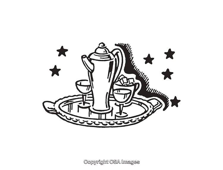 Elegant Line Art Featuring Teapot, Cups, Tray, and Stars