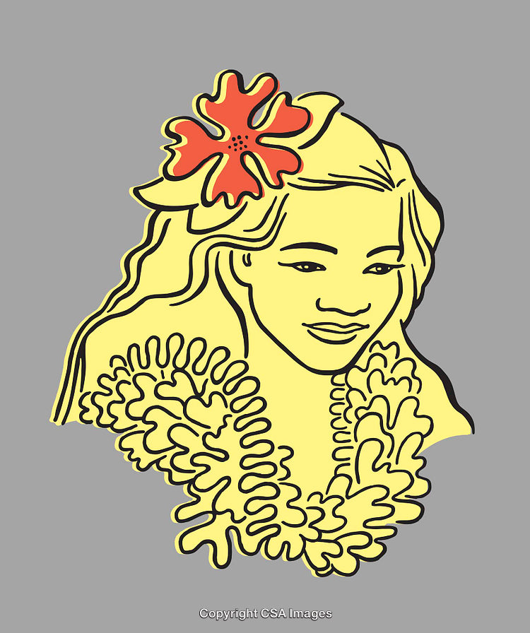 Color Line Illustration of a Woman with Lei and Hibiscus Flower