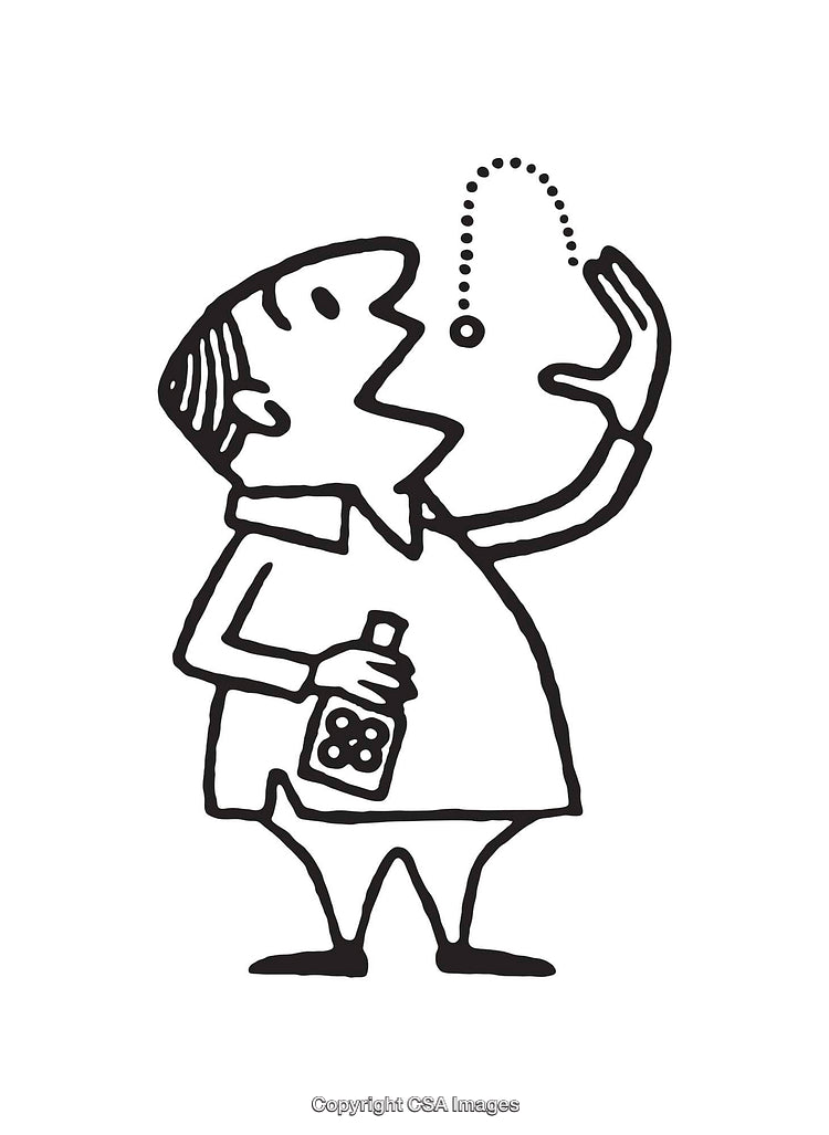 Black and White Illustration of a Man with a Bottle Taking Medicine