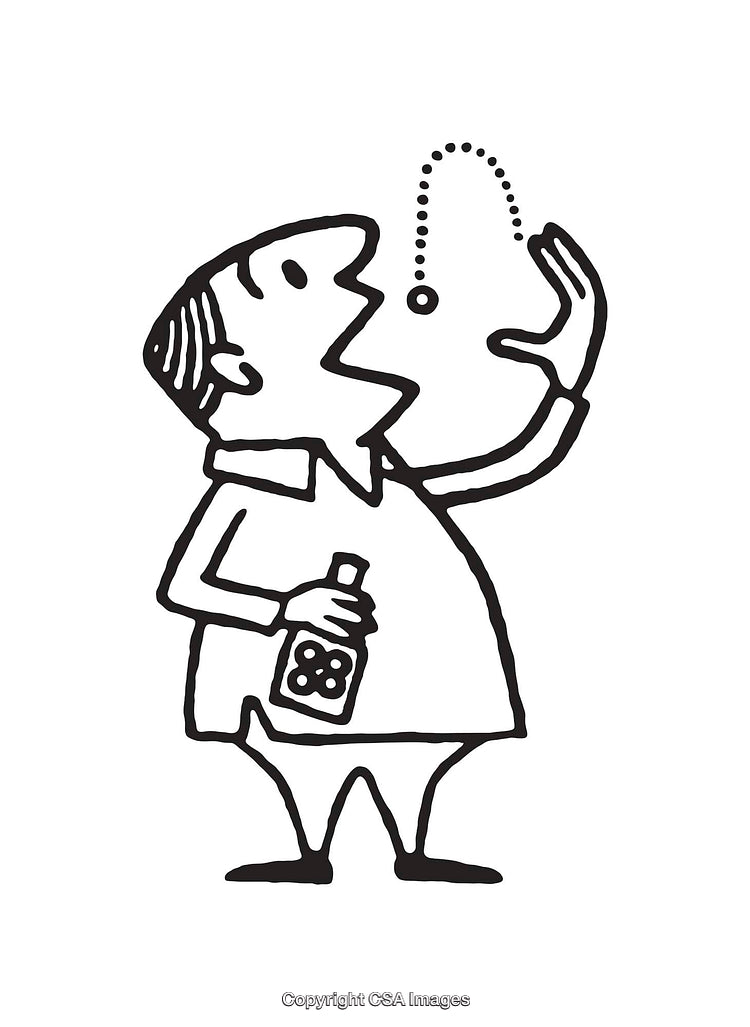 Black and White Illustration of a Man with a Bottle Taking Medicine