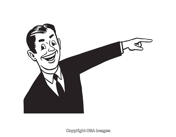 Retro Illustration of Man Pointing in Direction With a Cheerful Expression
