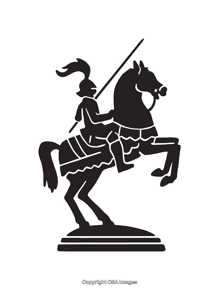 Black and White Illustration of a Knight on a Horse with a Lance