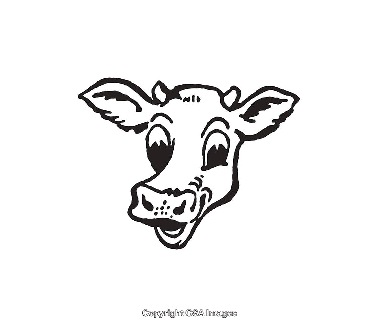 Black And White Line Art Illustration of a Cheerful Cow Cartoon Head