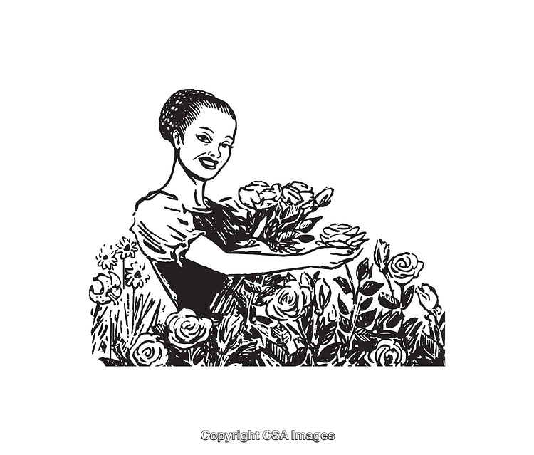 Vintage Illustration of a Woman in a Flower Garden Holding Roses