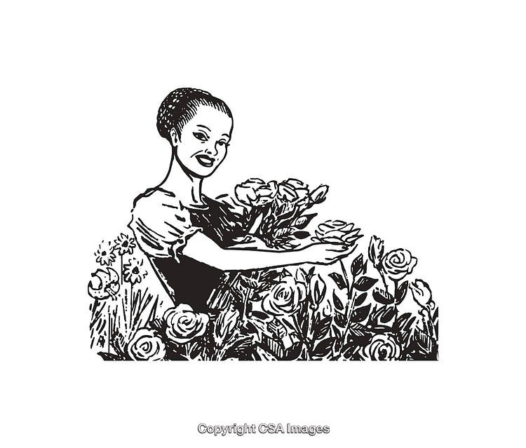 Vintage Illustration of a Woman in a Flower Garden Holding Roses