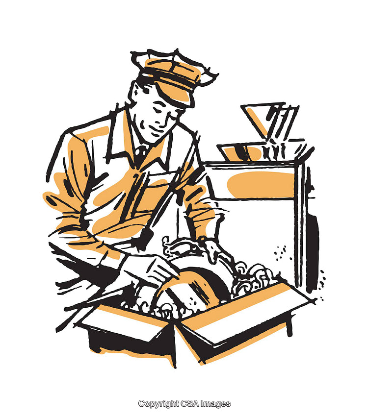 Vintage Delivery Worker Inspecting Parcel in Retro Illustration Style
