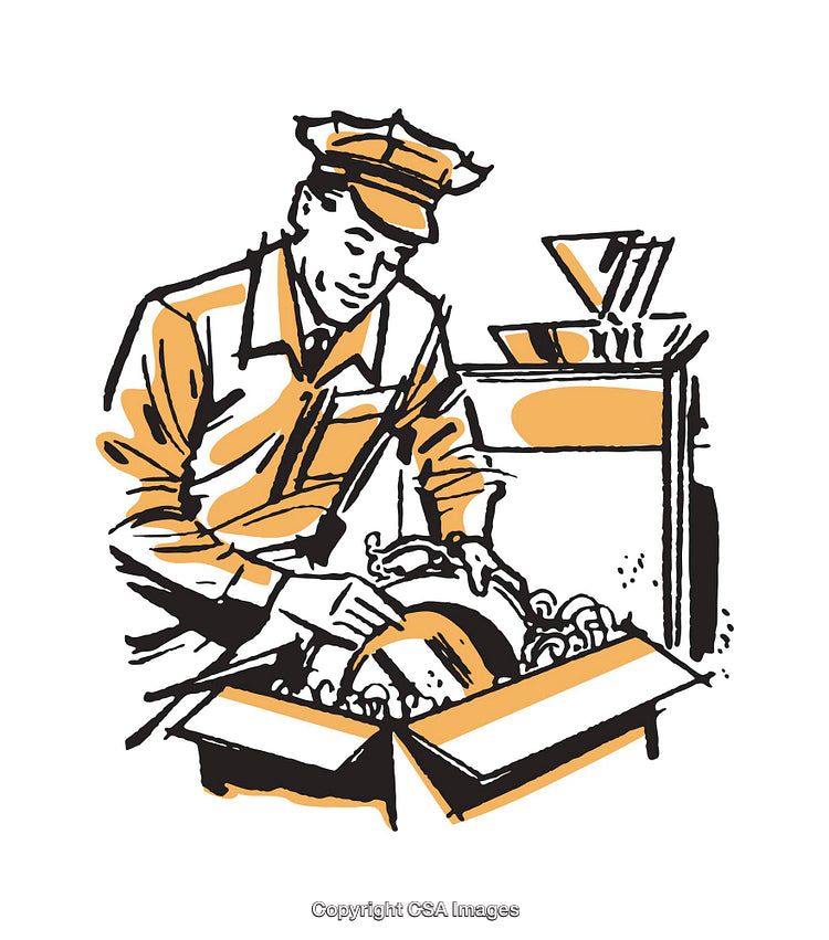 Vintage Delivery Worker Inspecting Parcel in Retro Illustration Style