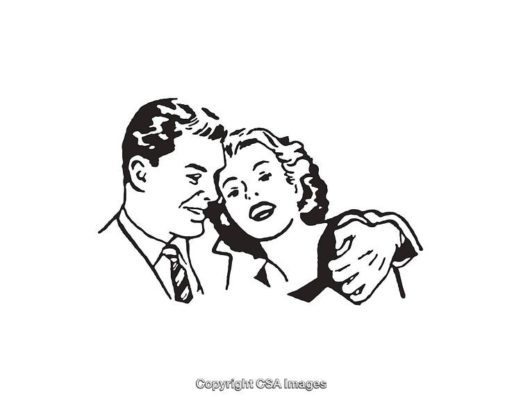 Black And White Vintage Line Art Illustration of a Happy Couple