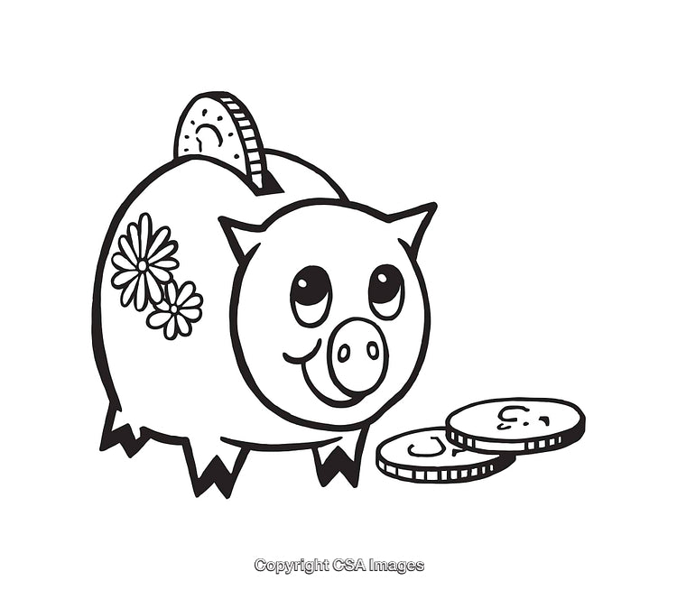 Black and White Piggy Bank Line Art with Decorative Coins