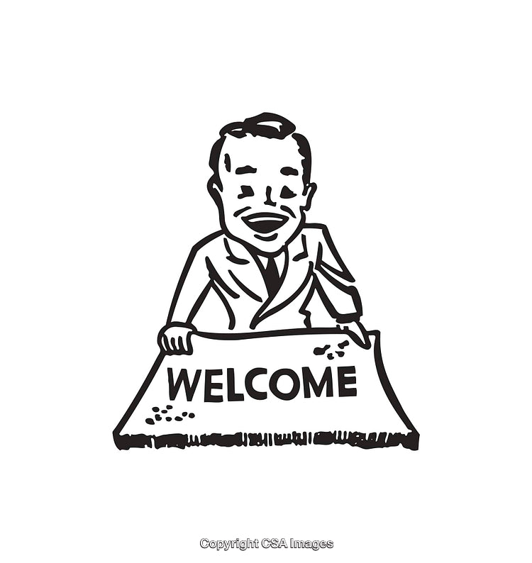 Retro Line Art Illustration of Man with a Welcome Rug