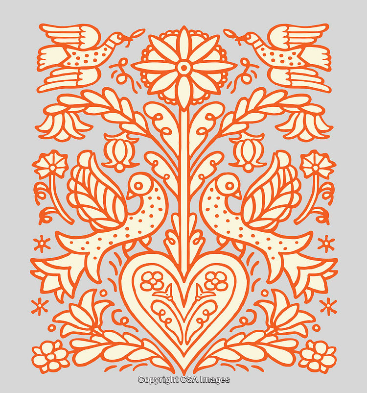 Floral Folk Art Design Featuring Birds, Hearts, and Decorative Motifs