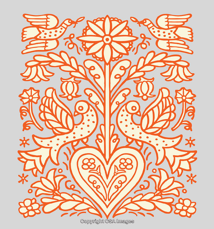 Floral Folk Art Design Featuring Birds, Hearts, and Decorative Motifs