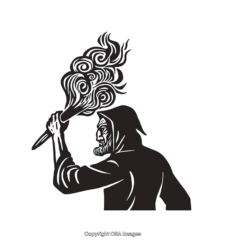 Black and White Line Art of Hooded Figure Holding Flaming Torch