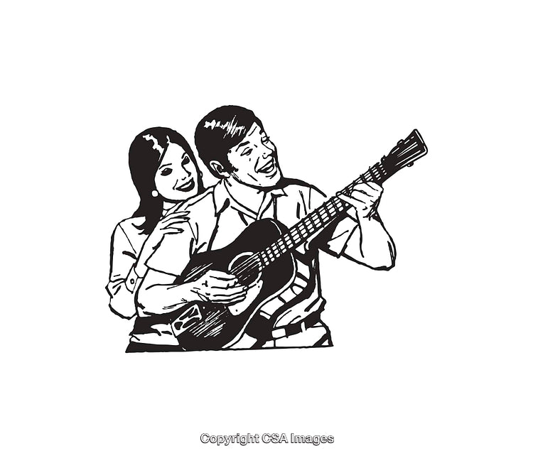 Black and White Line Art of a Couple Playing a Guitar