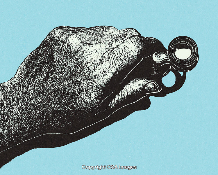 Detailed Hand Holding Magnifying Glass on Bright Blue Background