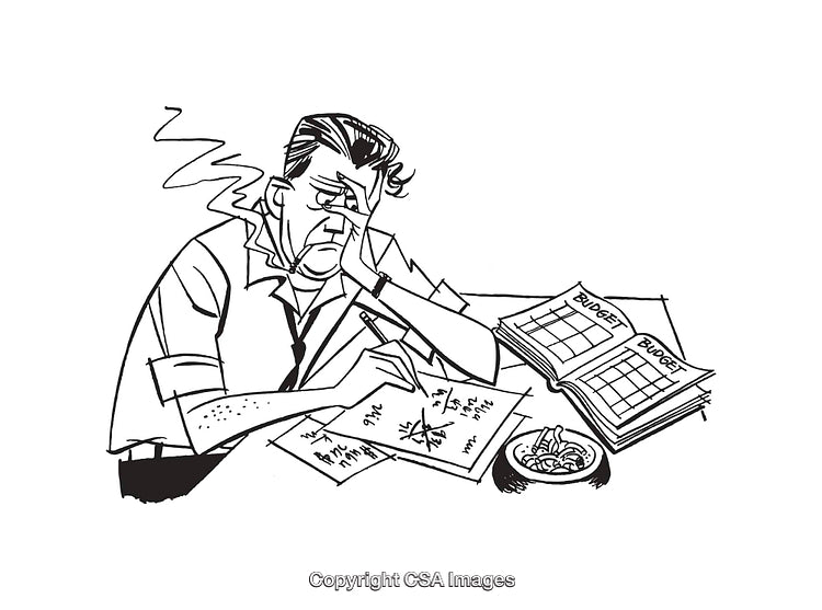 Black and White Illustration of a Man Struggling to Balance His Budget