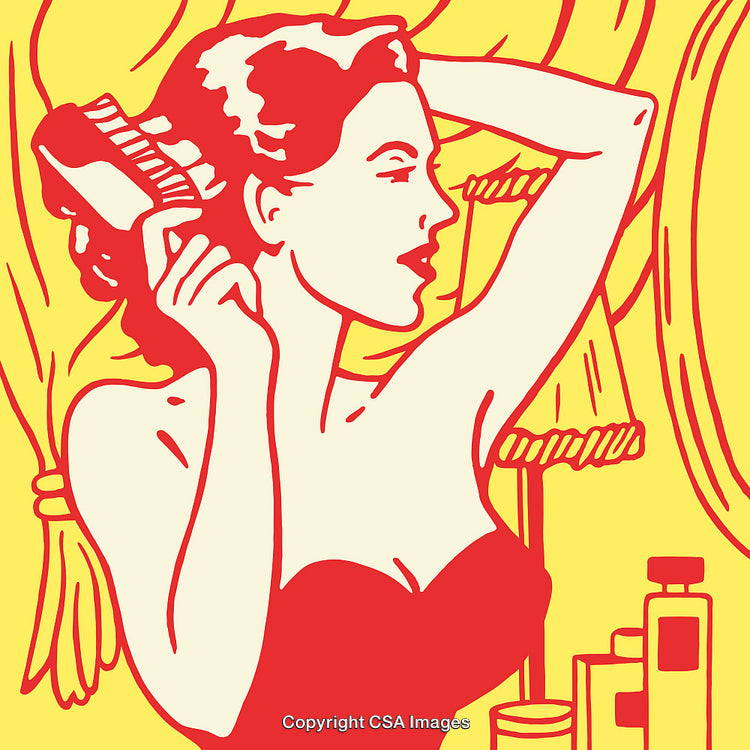 Retro Pop Art Illustration of Woman Styling Hair in Vibrant Colors