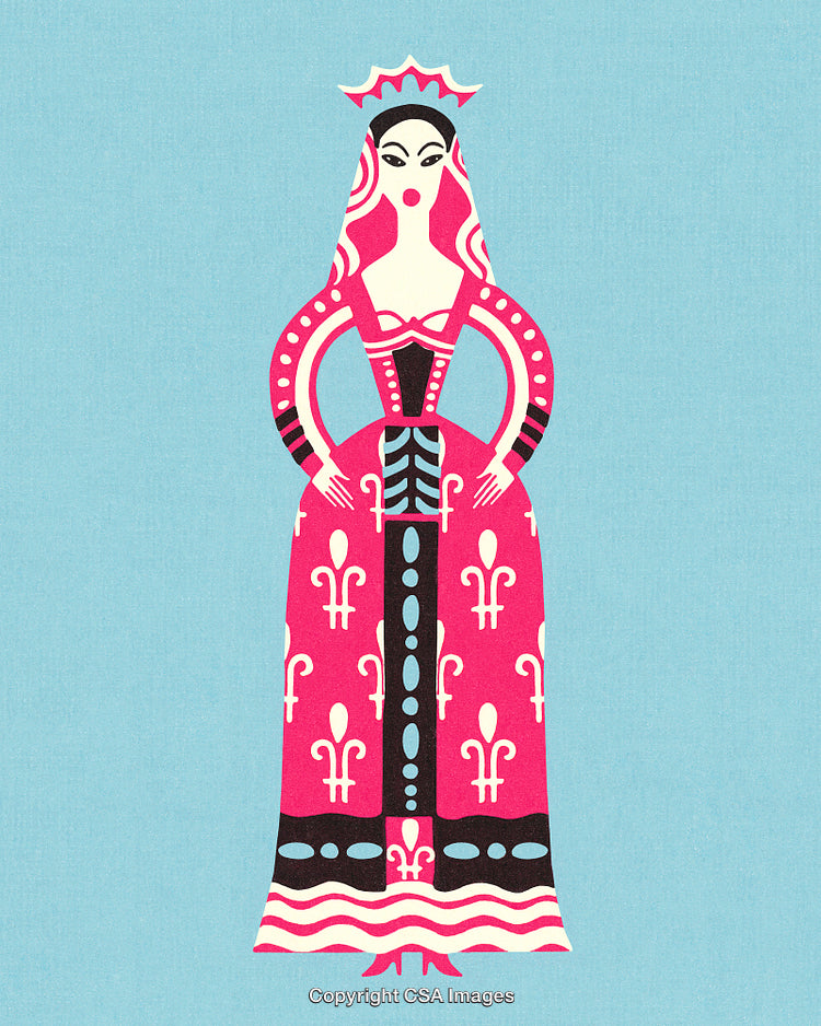 Stylized Illustration of a Female Character in Traditional Decorative Attire