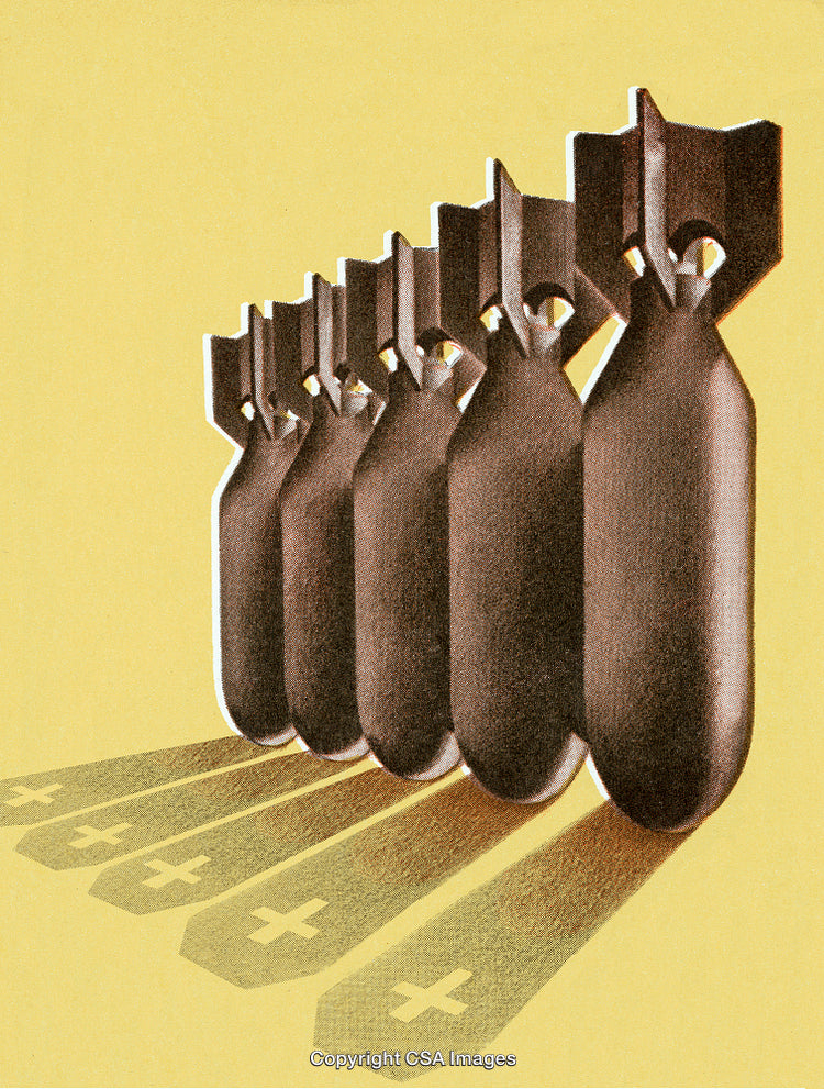Stylized Row of Bombs With Shadows on Yellow Background