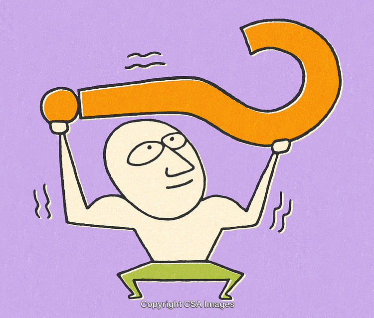 Stylized Cartoon of a Person Holding a Large Question Mark