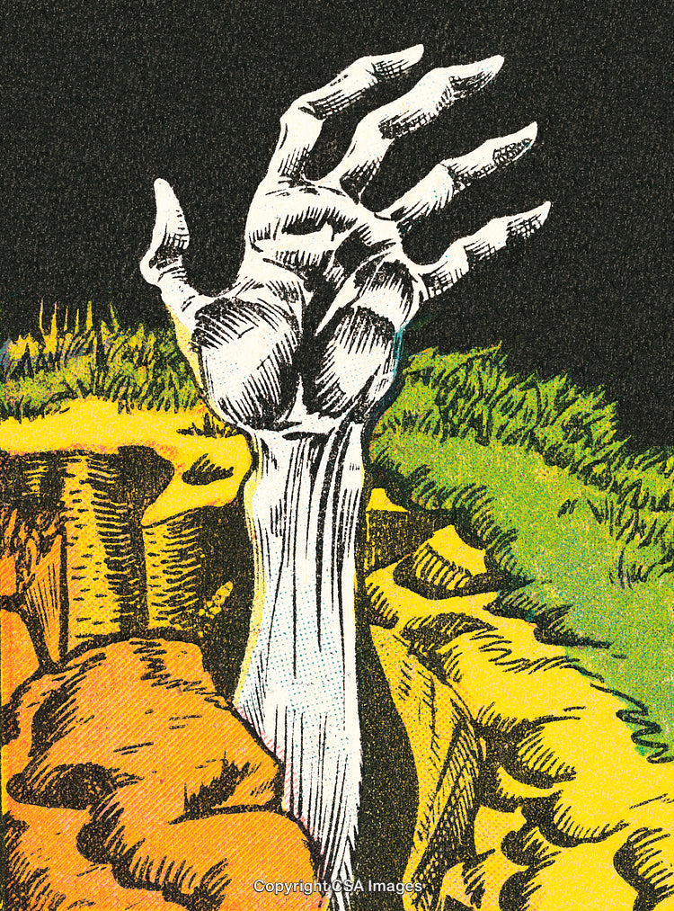 Skeleton Hand Emerging from Ground in Vibrant Comic Style Illustration