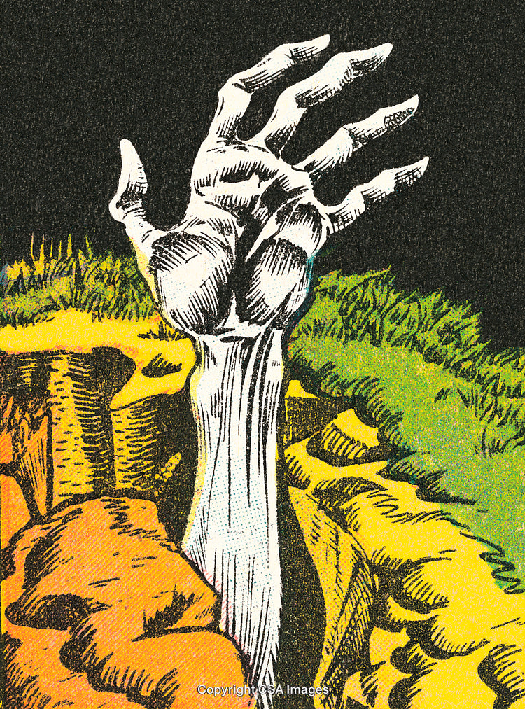 Skeleton Hand Emerging from Ground in Vibrant Comic Style Illustration