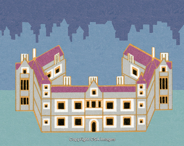 Illustration of a Historic Mansion Against a City Skyline