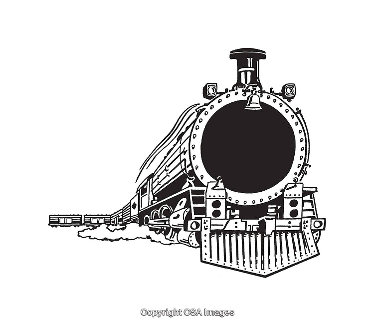 Classic Steam Locomotive Illustrated in Black and White Line Art Style