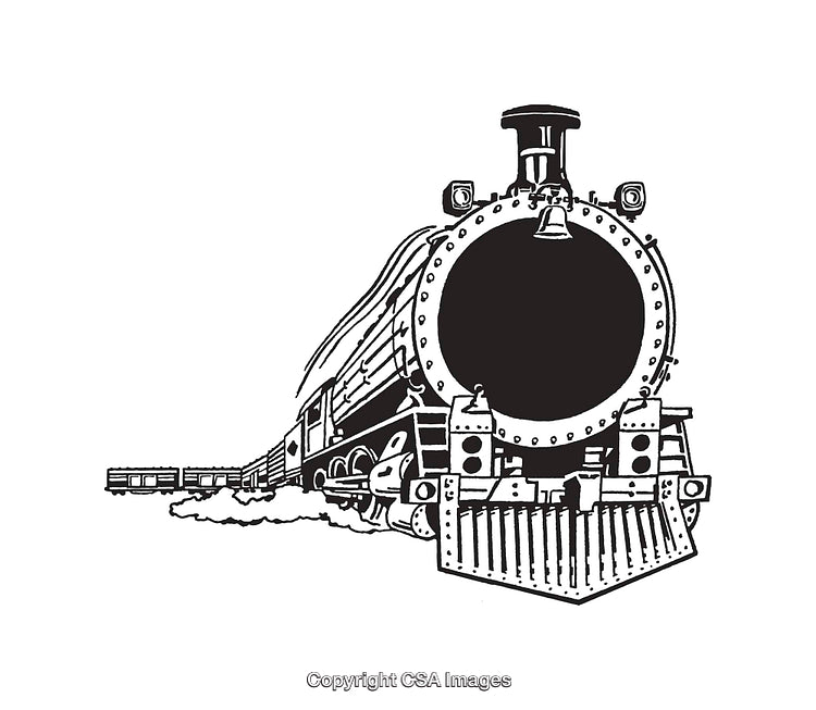 Classic Steam Locomotive Illustrated in Black and White Line Art Style