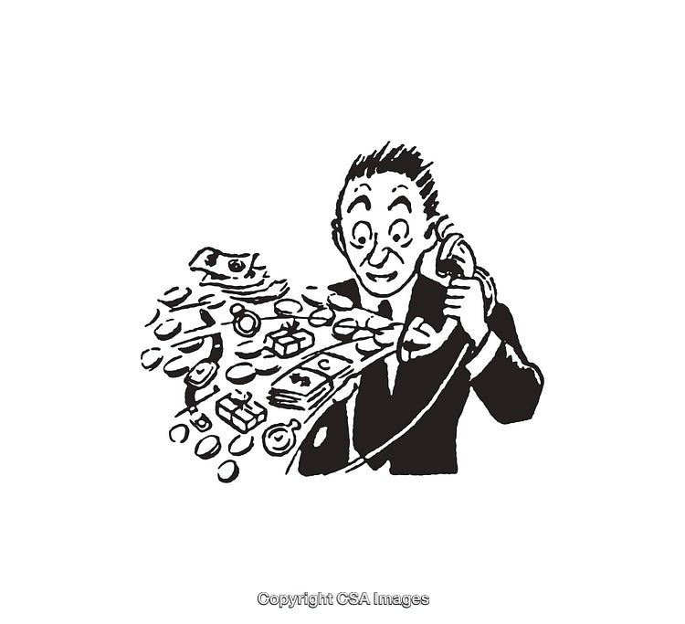 Vintage Illustration of Businessman Investing and Handling Money Transactions