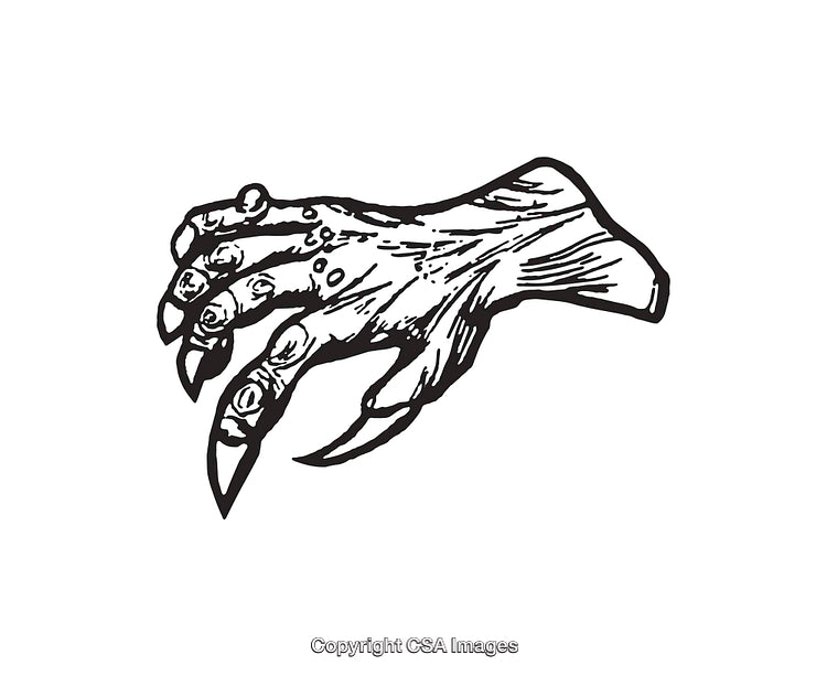Black and White Line Art of Gruesome Hand with Long Claws