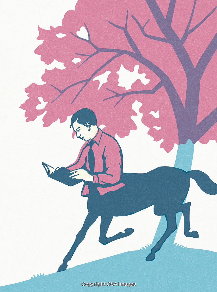Fantasy Illustration of a Centaur Reading a Book Under a Vibrant Tree