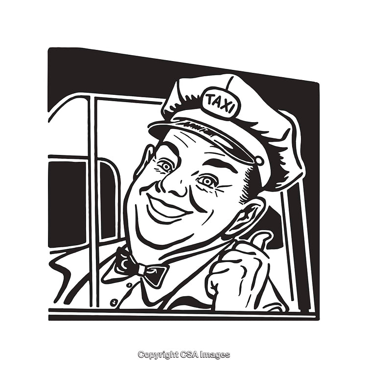 Retro Black And White Taxi Driver Illustration in Classic Line Art Style