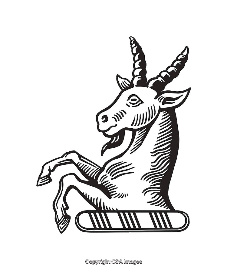 Black and White Line Art Illustration of a Stylized Goat Emblem