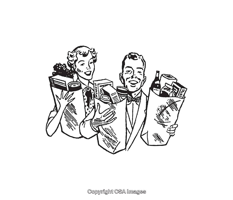 Retro Illustration of a Couple Carrying Grocery Bags in Black and White