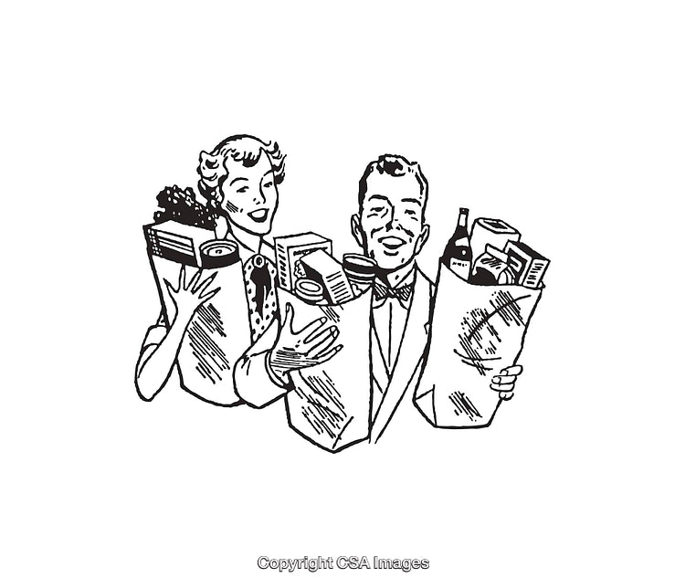 Retro Illustration of a Couple Carrying Grocery Bags in Black and White
