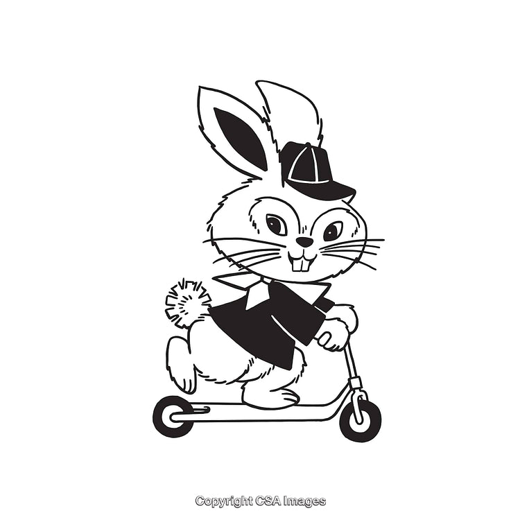 Cartoon Rabbit Riding a Scooter Wearing a Stylish Outfit, Black and White Art