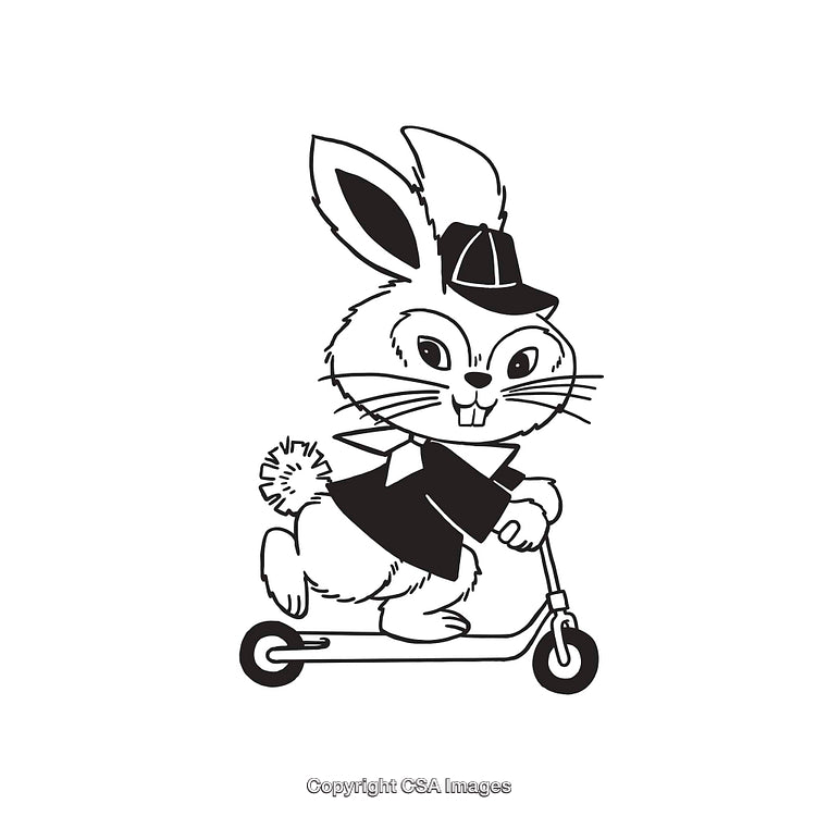 Cartoon Rabbit Riding a Scooter Wearing a Stylish Outfit, Black and White Art