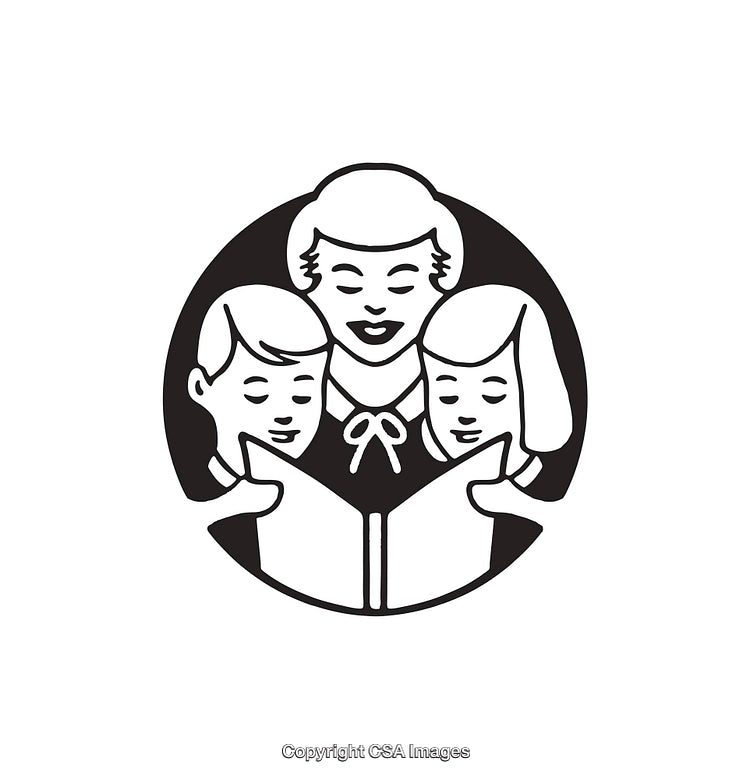 Black And White Illustration of Mother Reading With Two Children